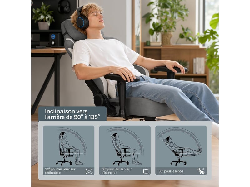  Chaise gaming, avec dossier inclinable appui-tête,repose-pieds rétractable, en maille, gris  - Conforama E