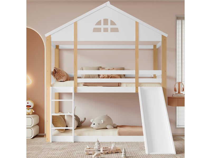  Lit superposé 90x200 cm avec escalier usb type c et garde corps lit enfant en bois massif mdf blanc et naturel  - Conforama C