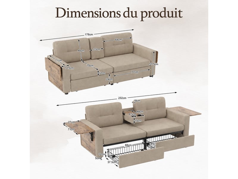  Canapé droit 2 places en chenille avec 2 tiroirs de rangement, tablettes latérales et porte-gobelets, kaki, 178 cm Fay Lum - Conforama C