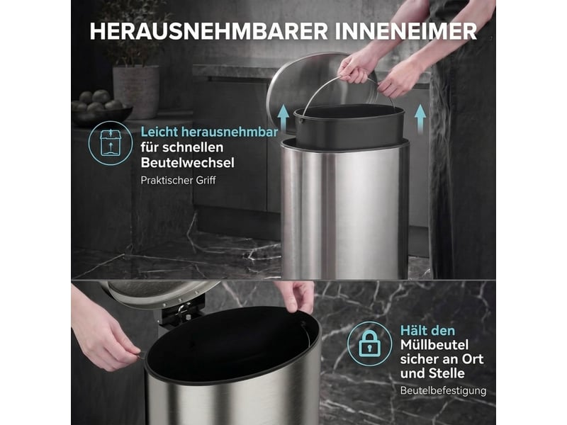  Poubelle de cuisine - poubelle à pédale avec couvercle à fermeture amortie et eau intérieure amovible, 30 l, argentée  - Conforama R