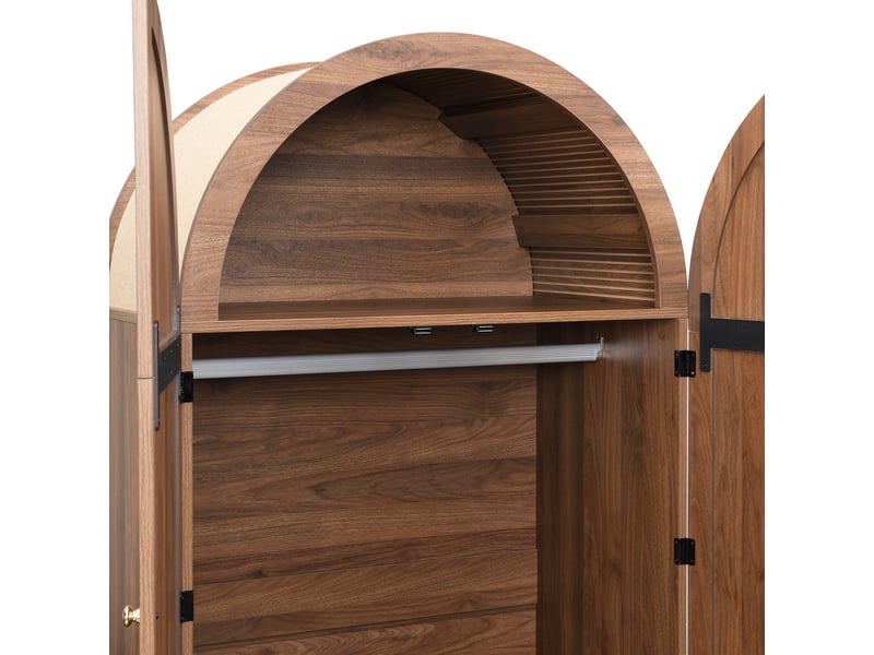 Armoire élégante portes tissu tiroir penderie aspect noyer pieds bois espace rangement vêtements chambre dressing  - Conforama R