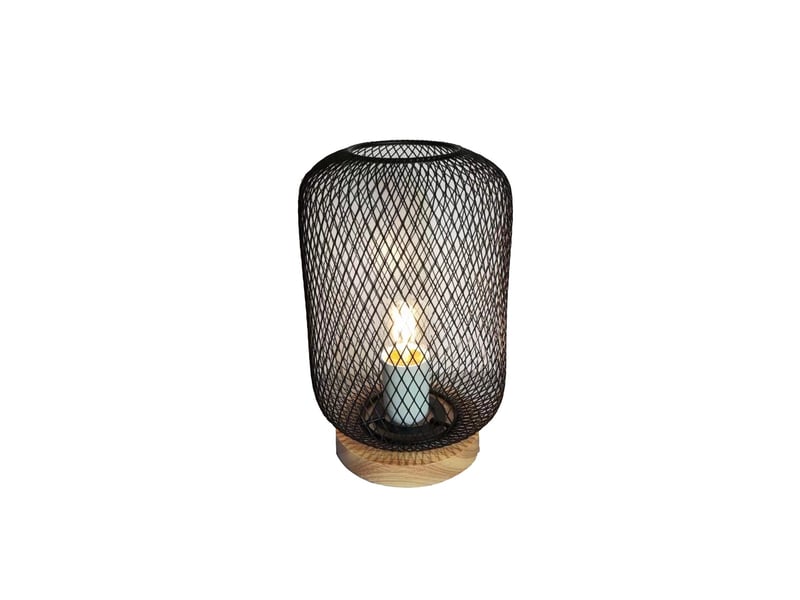  Lampe de lecture de table en forme de cage en maille noire avec base en bois  - Conforama A