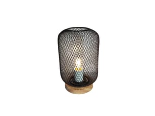 Lampe de lecture de table en forme de cage en maille noire avec base en bois