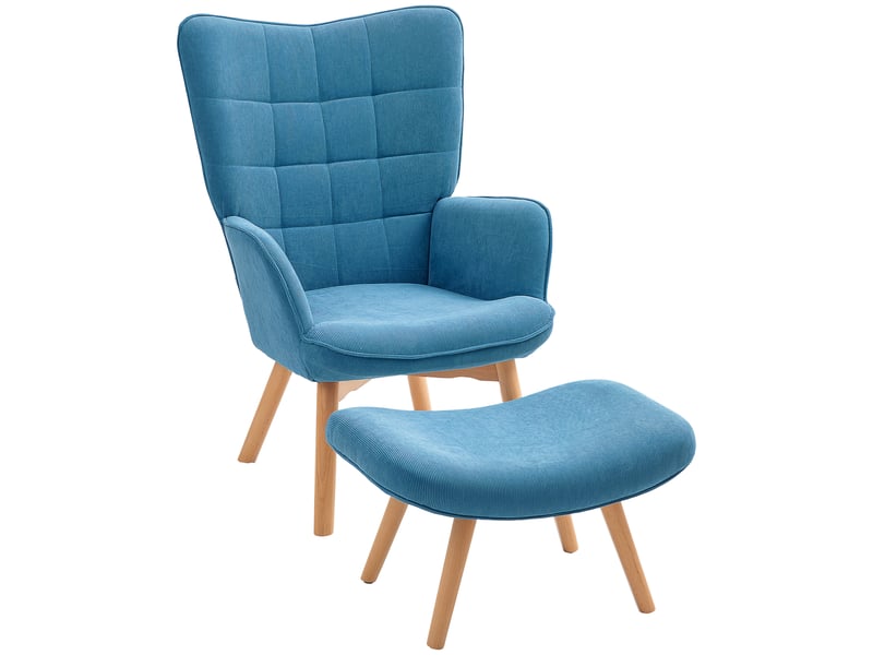  Fauteuil d'appoint avec repose-pieds, fauteuil inclinable aspect velours côtelé, fauteuil avec pieds en bois, pour salon, bleu  - Conforama B