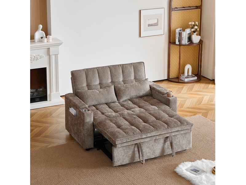  Canapé-lit 3-en-1 142×89×89 cm en chenille avec rangement et porte-gobelets marron chicfurn  - Conforama C
