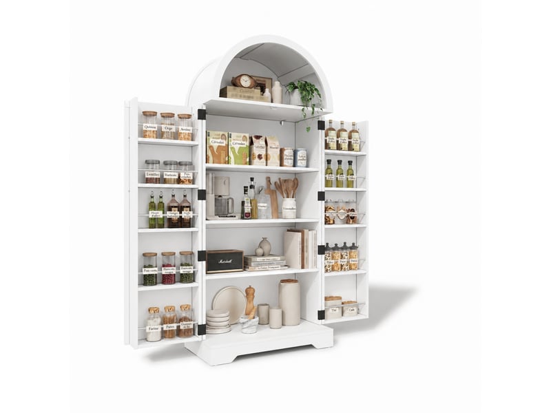 Buffet haut blanc avec niches ouvertes, portes à motif x et rangement pour bouteilles, 70 x 40 x 165 cm - Conforama A