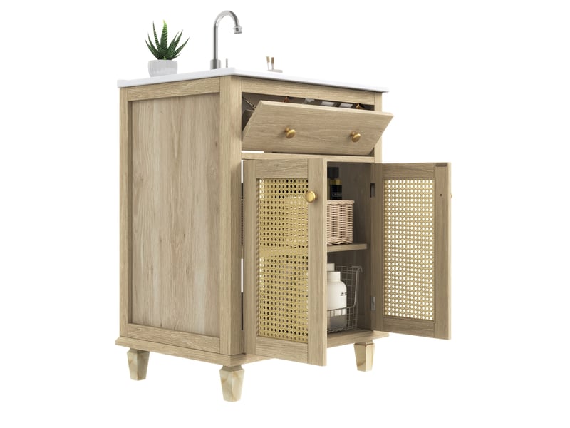  Meuble sous vasque avec lavabo en céramique, 2 portes, tiroir basculant et étagères réglables, 61 × 47 × 87 cm  - Conforama A