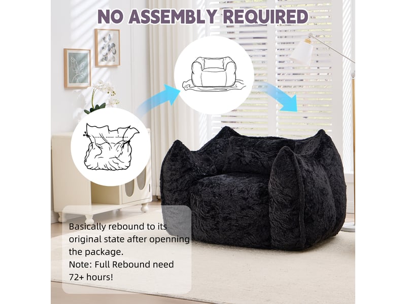  Fauteuil pouf géant 123 x 97 x 73 cm, fausse fourrure, mousse haute densité, coussin inclus pour salon et chambre - noir  - Conforama D