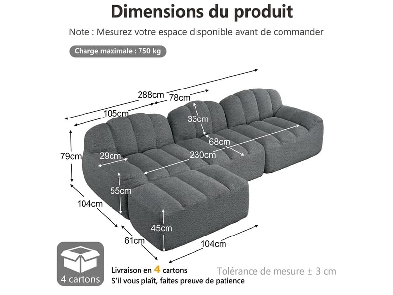  Canapé d'angle modulable 3 places sans montage 288 x 165 cm - assise profonde avec ottomane  - Conforama C