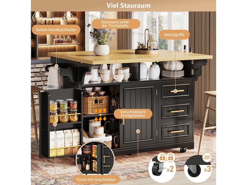 Îlot de cuisine mobile 120x40x95 cm avec plateau extensible, rangement, tiroirs, portes à motifs verticaux et table repas escamotable - noir - Conforama D