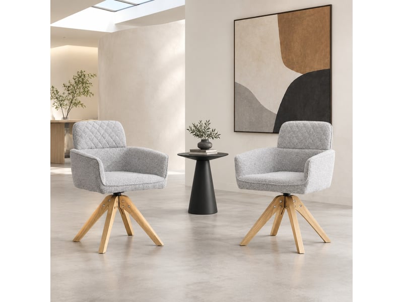  Chaises de salle à manger lot de 2 pivotantes 360°  - dossier capitonné, tissu et bois massif - gris clair  - Conforama B