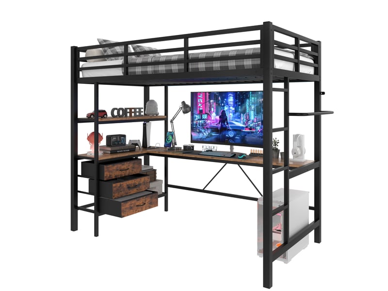  Lit mezzanine enfant 90x200 cm, led, tiroirs, bureau, charge, étagère, sommier, métal noir, sans matelas  - Conforama A