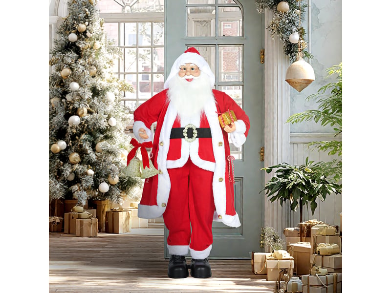  Père noël de 1,15 m, debout, avec cadeau et cloche de noël, intérieur, rouge  - Conforama C