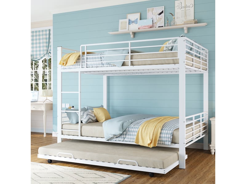  Lit superposé 3 places 140×200 cm avec lit gigogne - okmyhome- cadre en métal blanc mat, matelas non précisé  - Conforama C