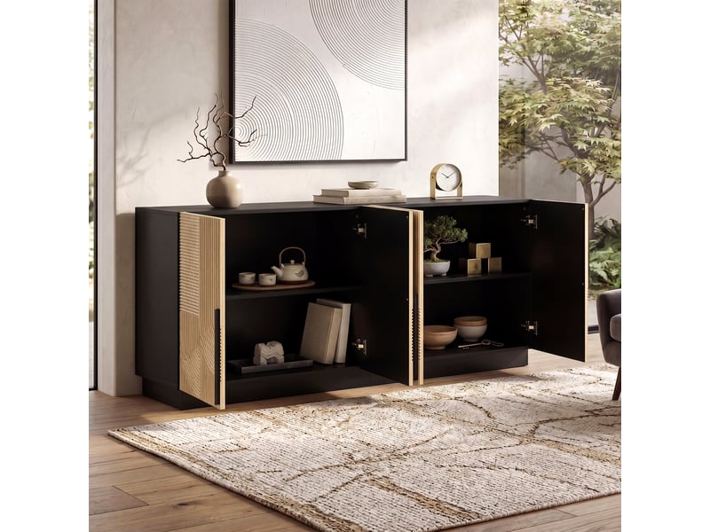 Buffet bas 160x42x76 cm, bahut enfilade salon, meuble de rangement 4 portes, façade en relief, poignées en métal - naturel et noir - Conforama E