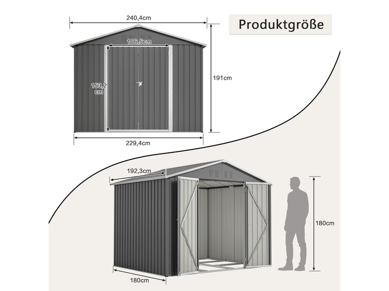  Abri de jardin en métal 8 x 6 ft, 240,4 x 192,3 x 191 cm, rangement extérieur avec double porte verrouillable et ventilation, gris Luxe haut de gamme - Conforama C