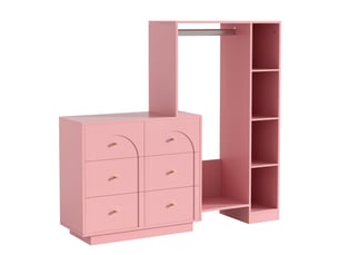 Dressing ouvert avec tringle, 6 tiroirs et étagères, rose, 139 x 35 x 133 cm