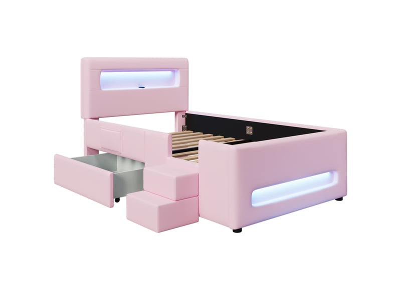  Lit enfant rembourré 90 × 200 cm, marches, tiroirs, led et usb, rose  - Conforama A
