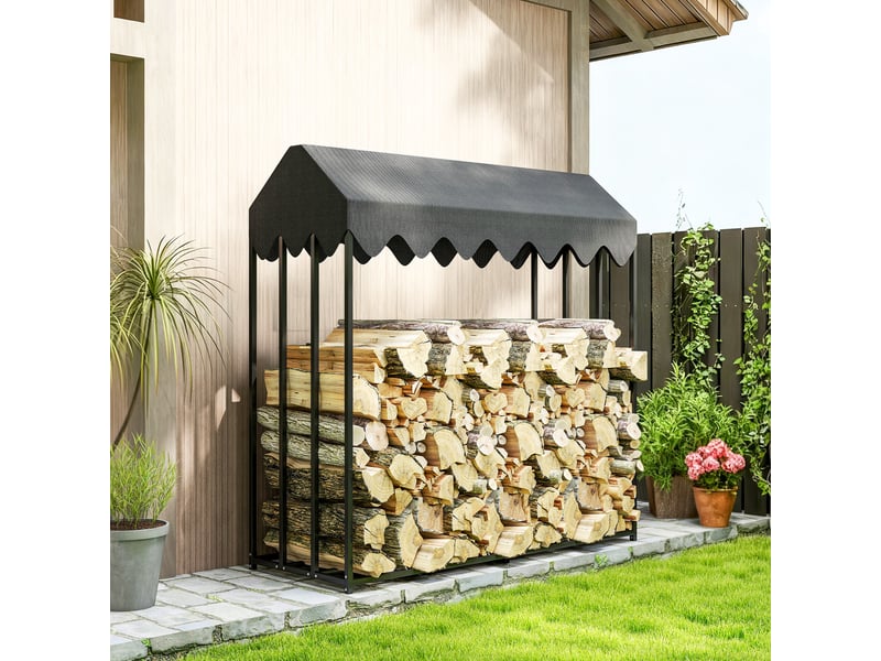 Porte-bûches extérieur avec toit imperméable, acier noir, capacité 300 kg, 186 x 70 x 185 cm - Conforama D
