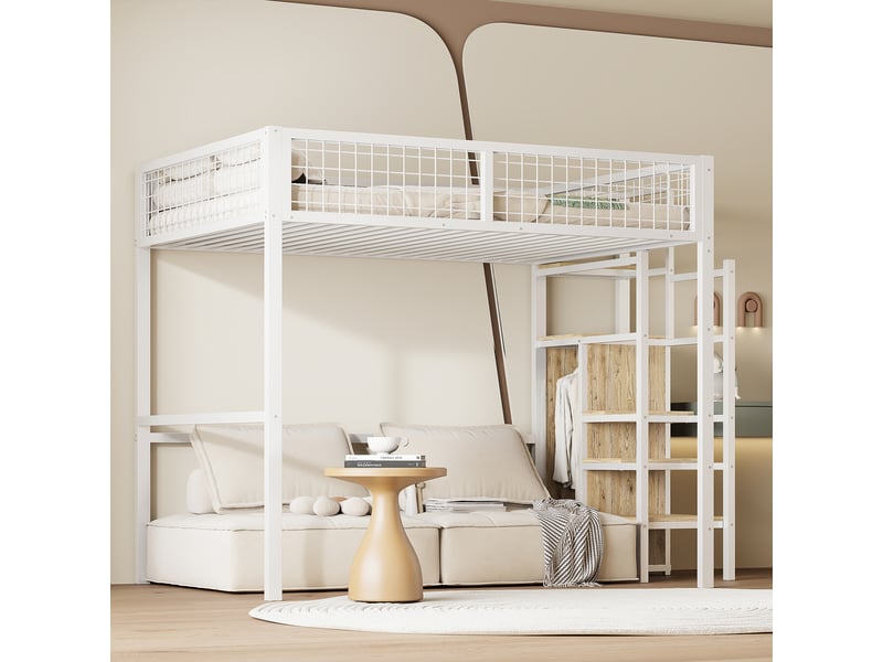  Lit mezzanine 2 places 140 x 200 cm avec échelle de rangement, armoire, étagère et garde-corps intégral, structure en métal blanc, gain de place  - Conforama C