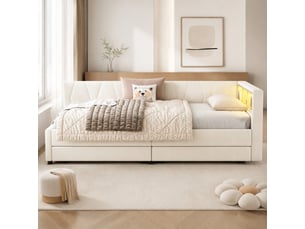 Lit banquette 90 x 200 cm, canapé-lit avec 2 tiroirs, rangements, usb et type-c, éclairage led, sommier à lattes, beige