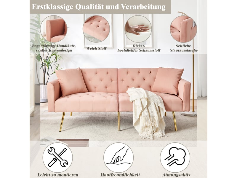  Canapé 2 places, canapé de salon, en velours, rose, dossier réglable 3 positions, 2 coussins inclus, design moderne, pieds en métal  - Conforama E