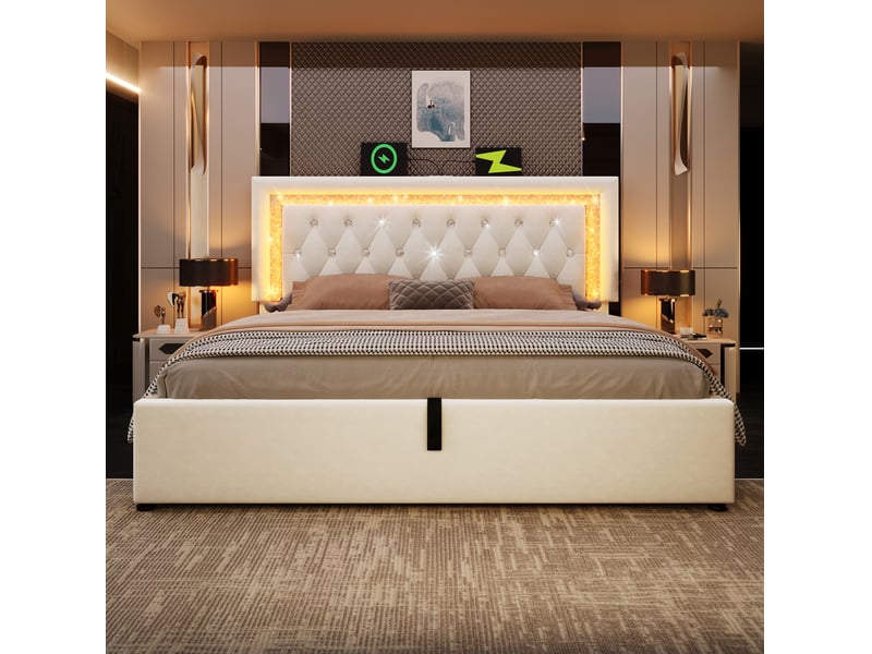  Lit double 140x200 cm, design moderne, avec led, usb, type-c et rangement hydraulique, velours, beige, avec matelas  - Conforama B