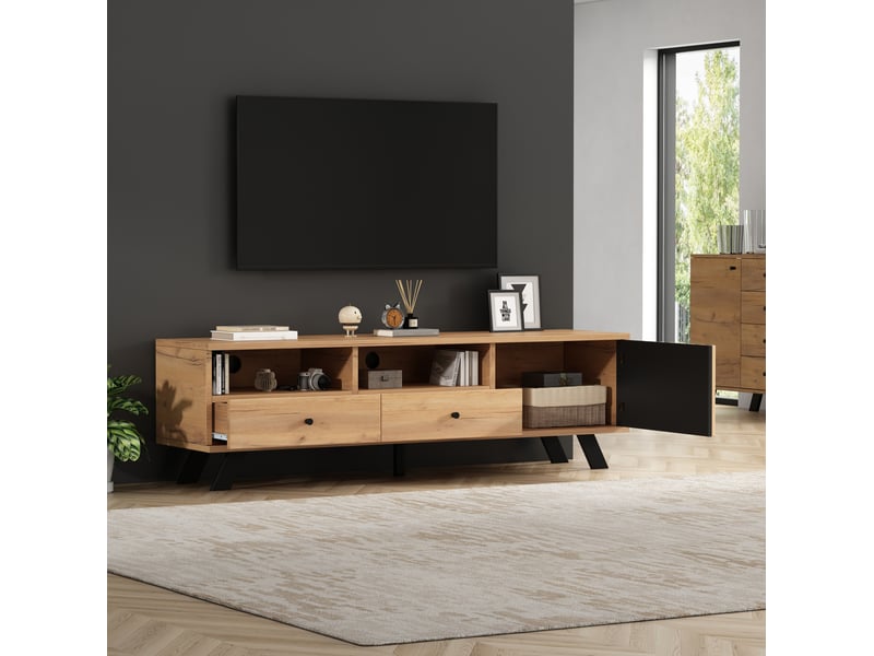  Ensemble meuble tv et buffet modenvie 150 x 38 x 44 cm et 120 x 38 x 75 cm bois naturel et noir  - Conforama D