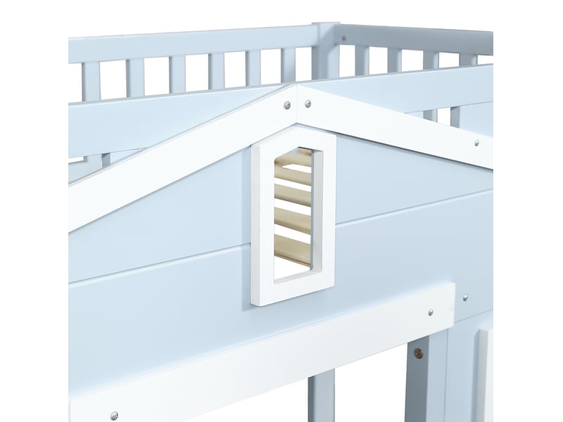  Lit mezzanine enfant 90x200 cm, rangement, escalier réversible et fenêtre décorative, mdf, blanc et bleu, sans matelas  - Conforama E