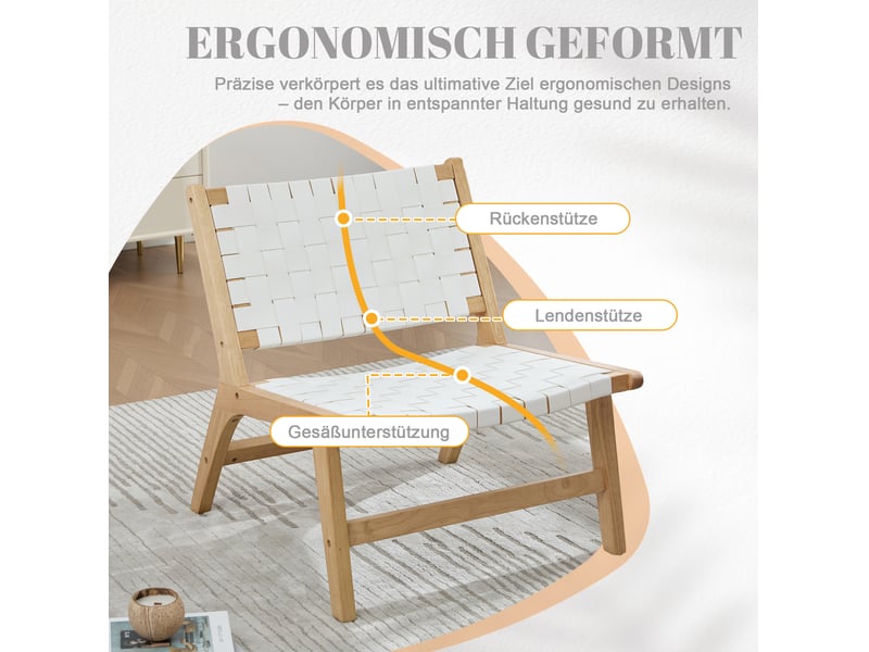  Fauteuil de détente tressé 66x71x72 cm, sans accoudoirs, style industriel moderne, bois et pu, blanc  - Conforama D