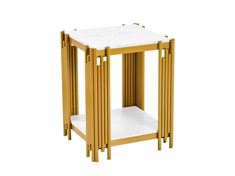  Table d’appoint moderne 43x40x55 cm, en mdf, structure métal, effet marbre, doré et coloris blanc  - Conforama A