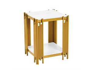 Table d’appoint moderne 43x40x55 cm, en mdf, structure métal, effet marbre, doré et coloris blanc