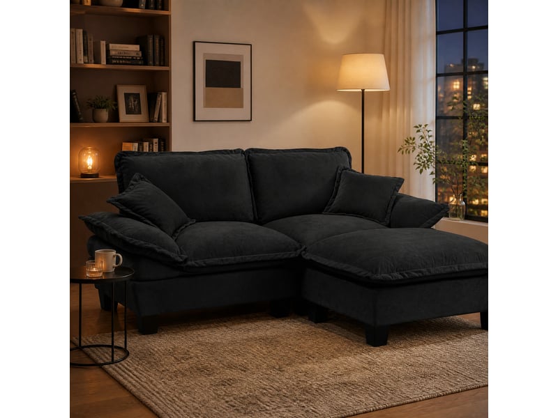  Canapé d'angle modulable modenvie 3 places avec ottomane mobile et amovible, 2 coussins, tissu chenille noir, 194 x 155 x 90 cm  - Conforama D