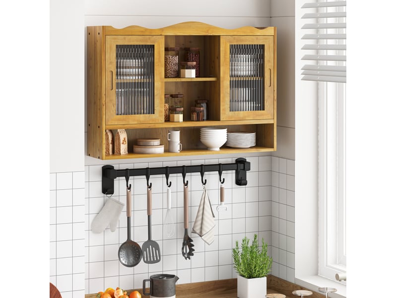  Armoire murale avec 2 portes coulissantes, 3 niveaux et étagères amovibles, en bois naturel, 90 × 20 × 60 cm  - Conforama C