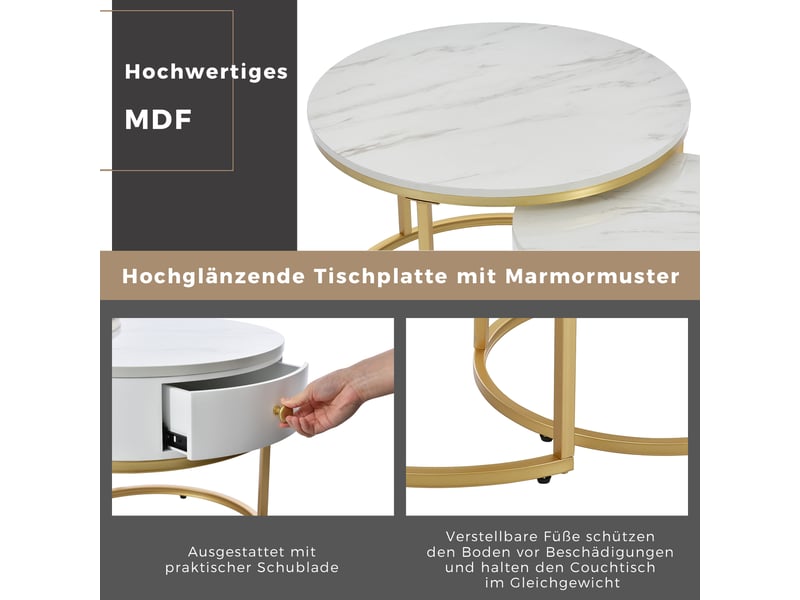  Tables basses gigognes rondes en mdf pour salon 70×70×48 et 50×50×43,5 cm blanc brillant  - Conforama C