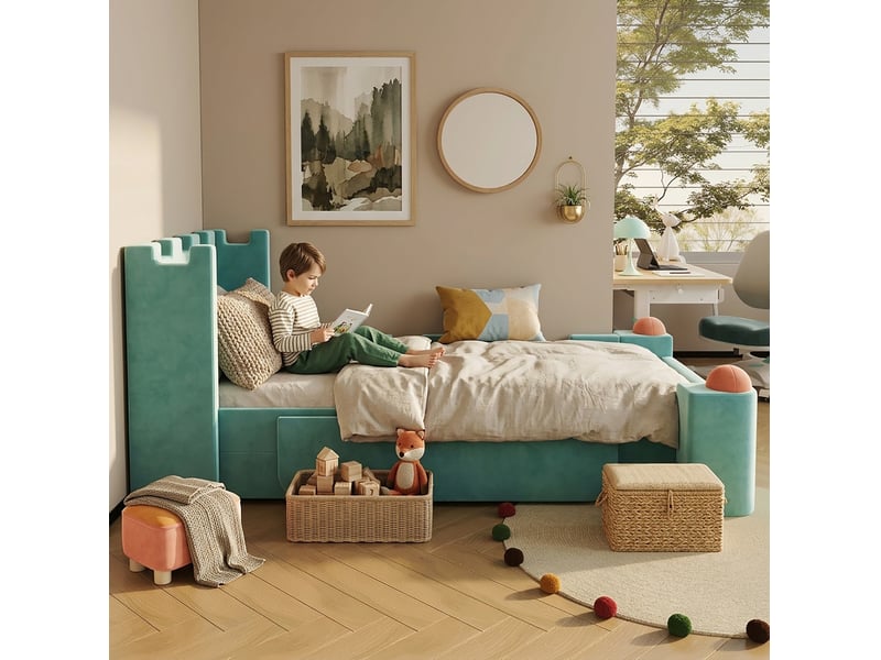  Lit enfant simple 90x200 cm, tablette latérale rabattable, tiroir rangement et bureau, bois, bleu-vert, sans matelas  - Conforama B