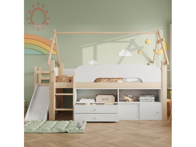  Lit surélevé enfant 90x200 cm blanc et coloris bois naturel avec toboggan et rangements  - Conforama D