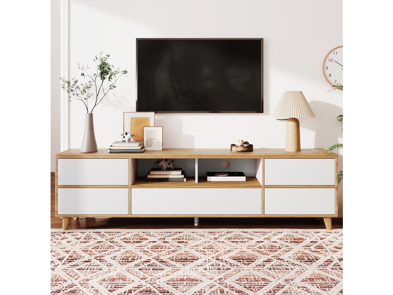  Meuble tv modenvie sur pieds 175 x 37 x 51 cm blanc brillant et bois  - Conforama E