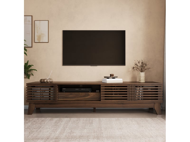  Meuble tv 170x35x40 cm, design moderne, façade rainurée, 3 portes, tiroir et niches ouvertes, mdf couleur noyer  - Conforama D