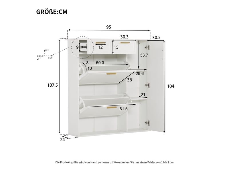 Meuble à chaussures 95x24x107 cm, capacité 15 paires, deux tiroirs et étagères modulables blanc - Conforama C