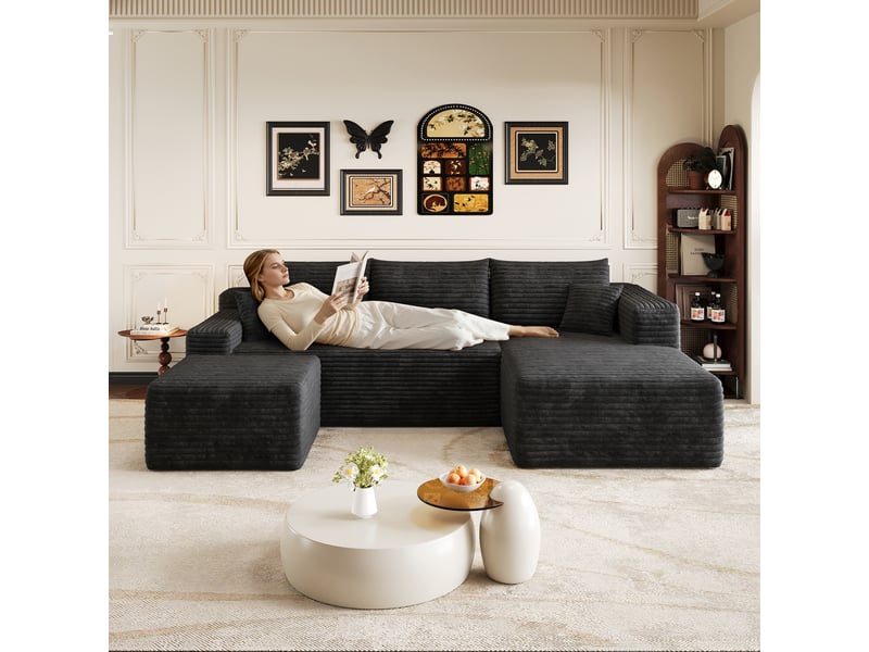  Canapé d’angle noir 4 places en tissu côtelé, 241 cm, assise profonde avec méridienne, mousse haute élasticité, sans montage  - Conforama C