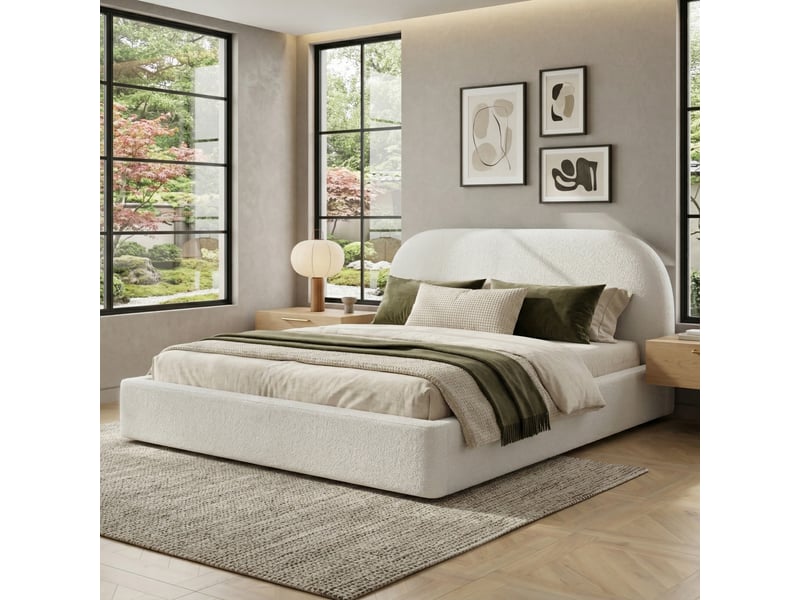 Lit double 180x200 cm en bouclé beige avec tête arrondie Fay Lum - Conforama B