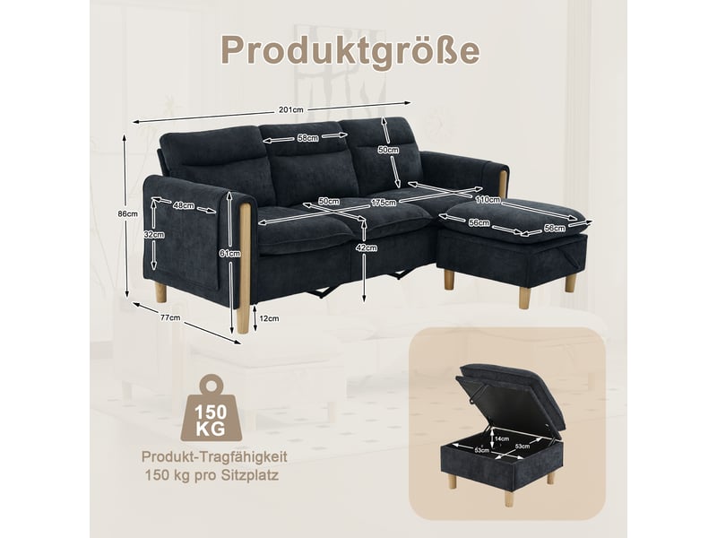  Canapé d’angle réversible 3 places avec rangement  - poches latérales, pieds en bois massif, chenille noire  - Conforama D