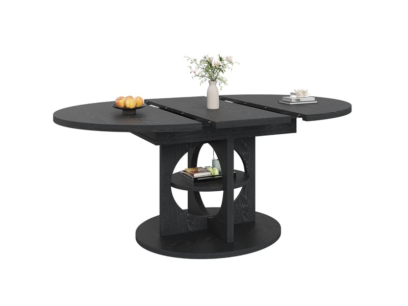  Table de salle à manger extensible,110x110x76 cm,jusqu'à 150 cm avec rangement,mdf,noir effet bois  - Conforama A