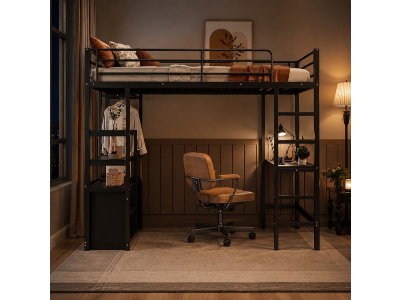  Lit mezzanine enfant 90 x 200 cm noir avec bureau, rangements, prise et usb  - Conforama B