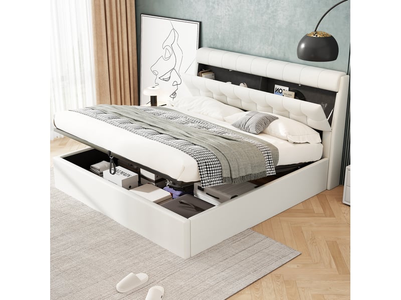  Lit coffre 160x200cm avec tête de lit de rangement, spacieux et confortable, design tendance, pu, blanc, sans matelas  - Conforama B