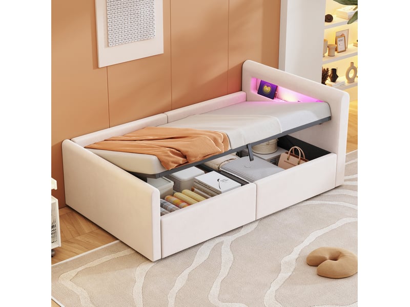  Lit enfant 90x200 cm avec led, rangement hydraulique et usb, velours beige  - Conforama E