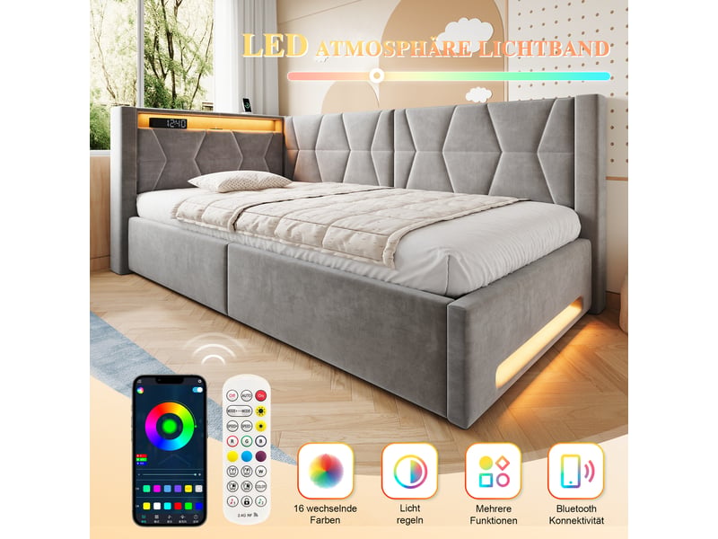  Lit coffre 90x200 cm, lit enfant, sommier à lattes, rangement hydraulique, led, usb et usb-c, velours gris foncé  - Conforama E