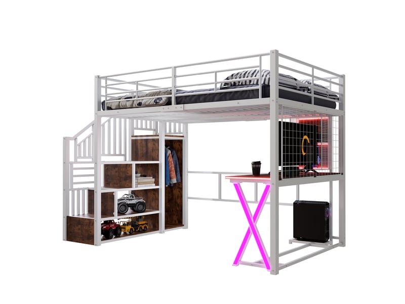 Lit mezzanine 140 x 200 cm avec bureau, armoire, led et escalier avec rangement, lit double en métal blanc avec étagères et garde-corps - Conforama A