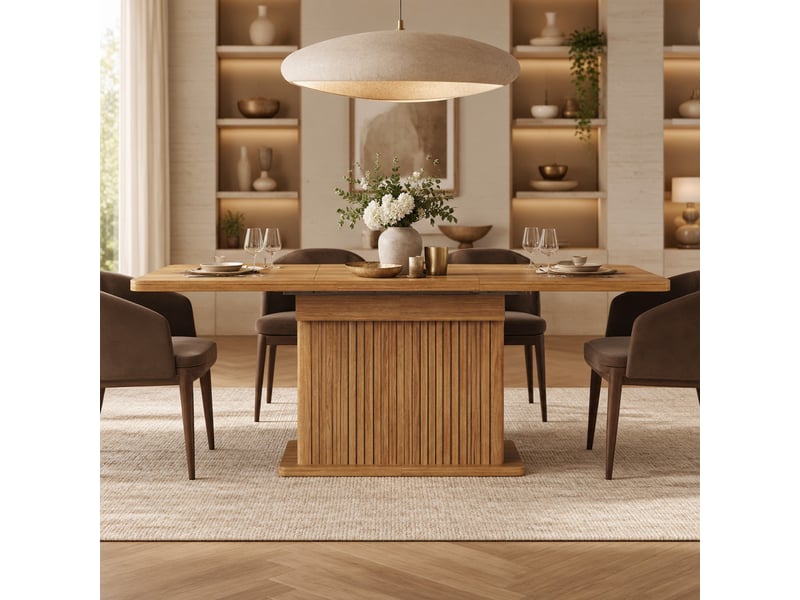  Table de salle à manger extensible avec rangement caché et étagères bilatérales, mdf et métal, bois brun foncé  - Conforama D